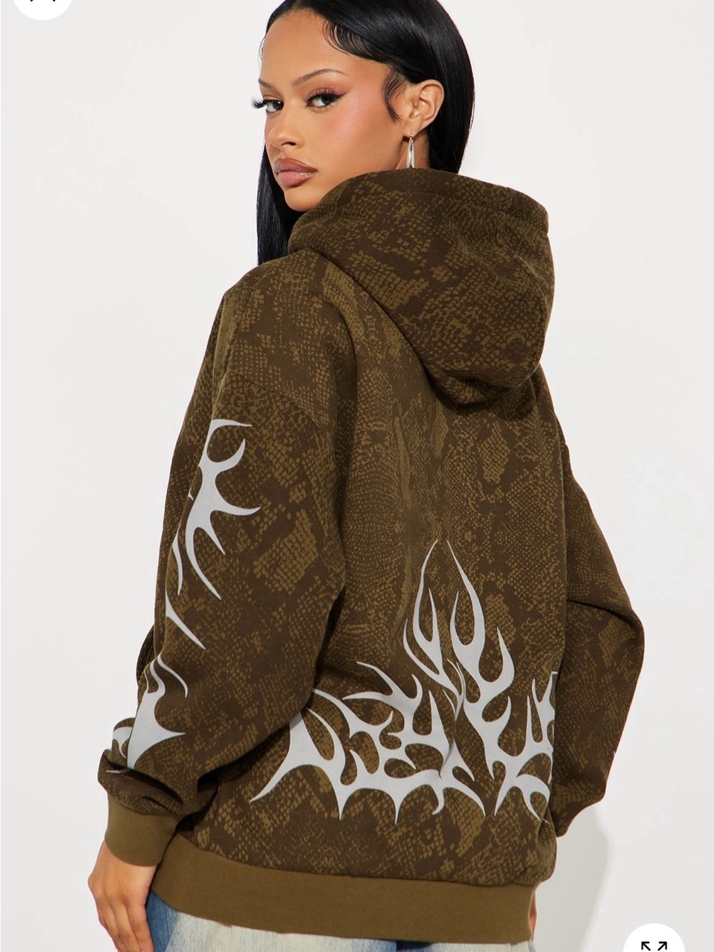 Brand New | Fashion Nova Brown Snake-Print Hoodie with White Flame Detail
